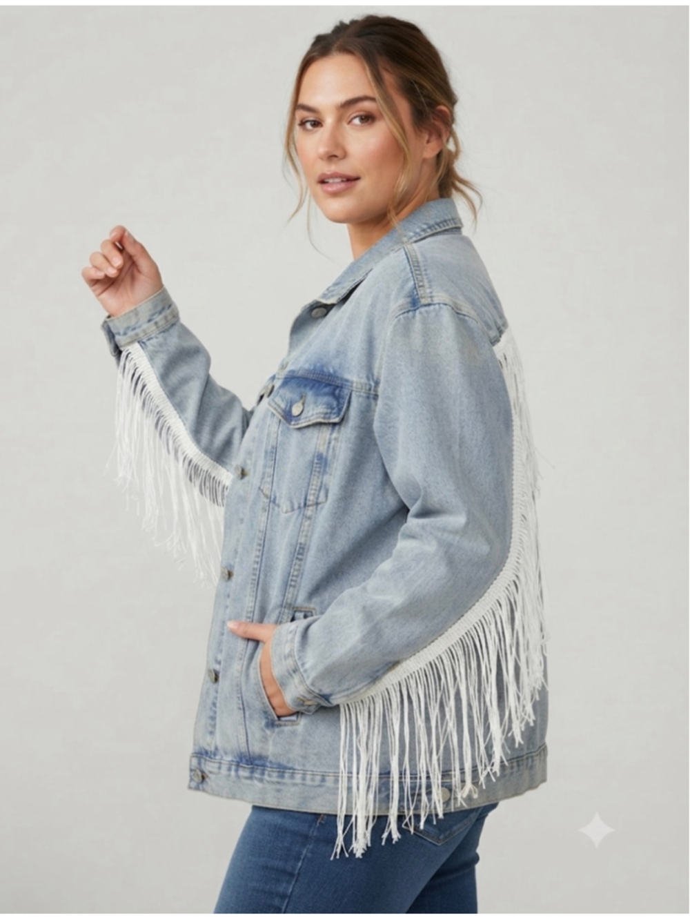 Justalwart Jean Jacket XL Blue White Fringe Denim